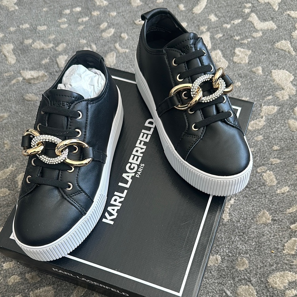 Brand New Karl Lagerfeld Black Sneakers with Gold & Silver Accents & Crystals